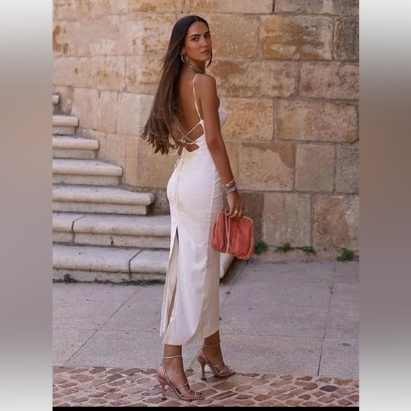 ZARA Stretch Oyster White Linen Blend Cut Out Midi Maxi Dress $79.90 - Picture 11 of 17